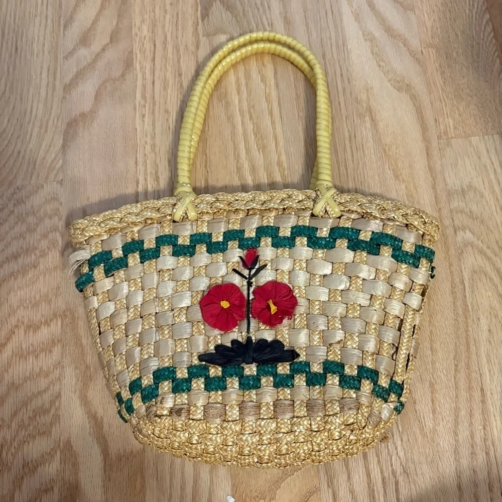 Small Vintage 1960s French Woven Golden Straw Child's Basket Red Flower Retro